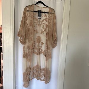 Sheer Embroidered Kimono Duster - Tan